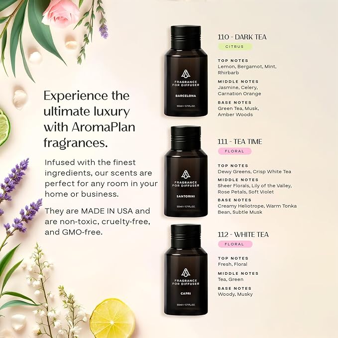 AromaPlan Scent Diffuser Oil Tea Collection- Luxury Fragrance Oil - Home & Hotel Fragrance - Non Toxic for Pet and Children- Made in USA- Gift Ready, 3 Pack/1.7 fl.oz(50 ml Each) - Bloomnest