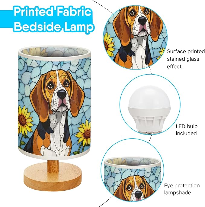 Beagle Table Lamp LED 3-Color Pressed Bedside, Dog Shade Lamp with Wood Base for Bedroom Living Room Desk Office - Bloomnest