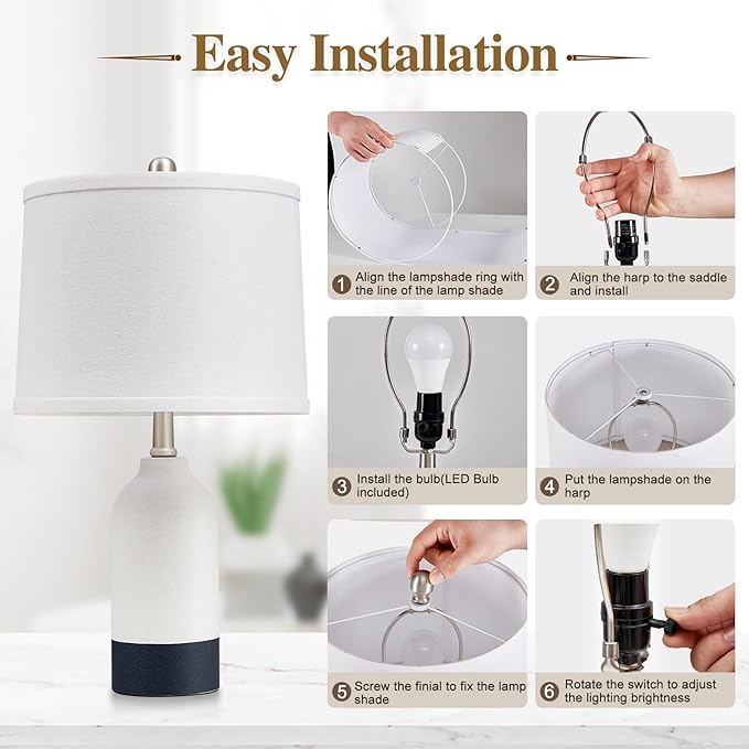 Luvkczc Modern Ceramic Lamps for Bedrooms Set of 2, 3-Color Temperature Table Lamp Bedside Nightstand Desk Reading Lamp with Fabric Drum Shade for Bedroom, Living Room, 2 Bulbs Included (21.4") - Bloomnest
