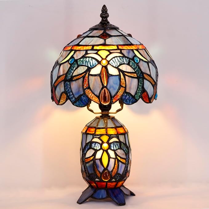Small Tiffany Lamp Stained Glass Table Lamp Mini Mother Daughter Vase Desk Accent Night Light for Bedroom Bedside Reading Home Antique Style 8X14 Inches (Blue Purple) - Bloomnest