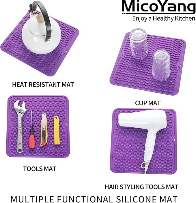 Silicone Dish Drying Mat for Multiple Usage,Easy clean,Eco-friendly,Heat-resistant Silicone Mat for Kitchen Counter or Sink,Refrigerator or Drawer liner Purple M 12 inches x 12 inches - Bloomnest
