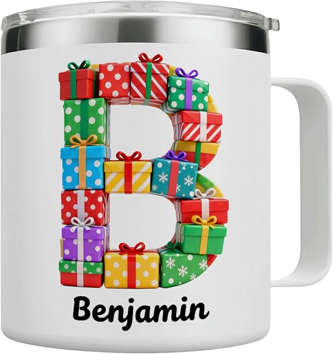 Personalized Christmas Mug with Name, 12oz Insulated Coffee Tumbler with Handle, Custom Present Wreath Initial Cup, Festive Holiday Xmas Gift for Women, Her, Mom(B04) - Bloomnest