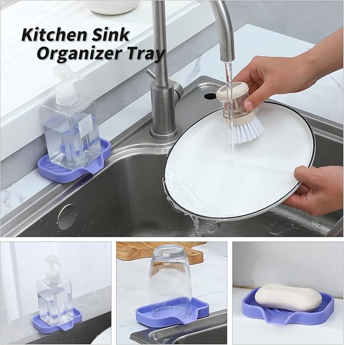 Silicone Bathroom Soap Dishes with Drain Spout-Bathroom and Kitchen Sink Organizer,Sponge Holder,Dish Soap Tray,Perfect for Dispenser,Scrubber,Bottle on Sink or Counter-Light Purple 4.9"×3.2" - Bloomnest