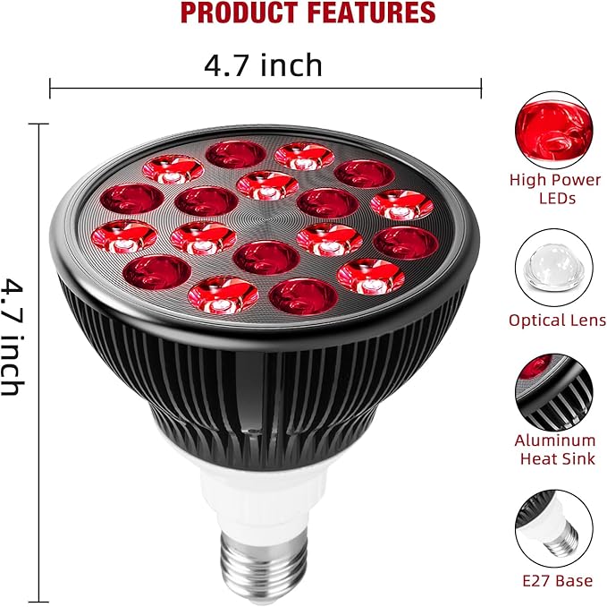 Wolezek Red Light Therapy Lamp with Lamp Holder, 660nm Red and 850nm Near Infrared Combo Wavelength LED Red Light Bulb, Light Therapy Device for Face and Body, Aluminium Shell, E27/E26 Standard WOLEZEKLED