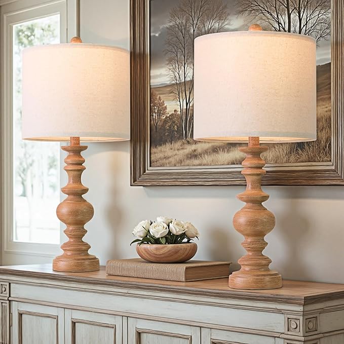 BOBOMOMO 24" Farmhouse Table Lamps Set of 2 – Rustic Light Brown Resin Bedside Lamps with Linen Shades, Medium Size Nightstand Lamps for Bedroom, Living Room, and Entryway, Ideal for Warm, Cozy Spaces - Bloomnest