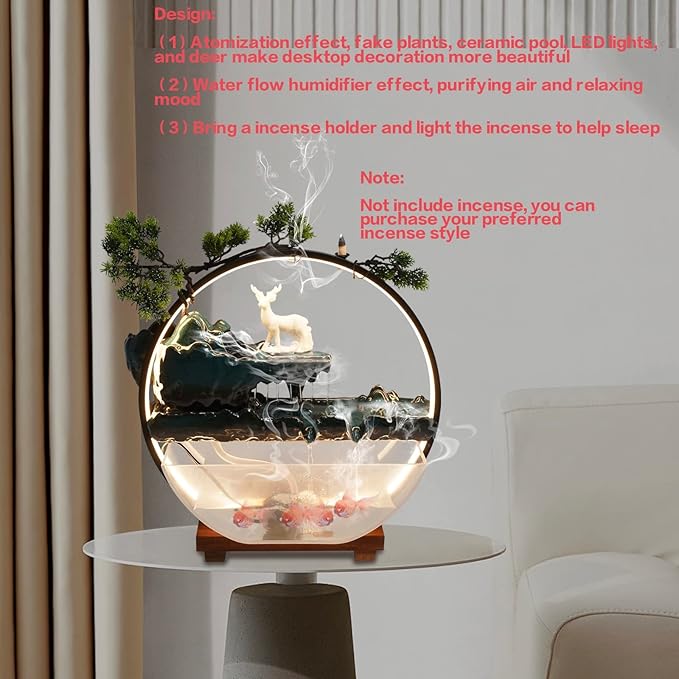 17Inch Mini Fish Tank Tabletop Decoration Indoor Waterfall Fountains Humidifier with LED Light and Atomizer Mist, Water Fountain Japanese Zen Decor Meditation Fake Plants Bonsai Gift - Bloomnest