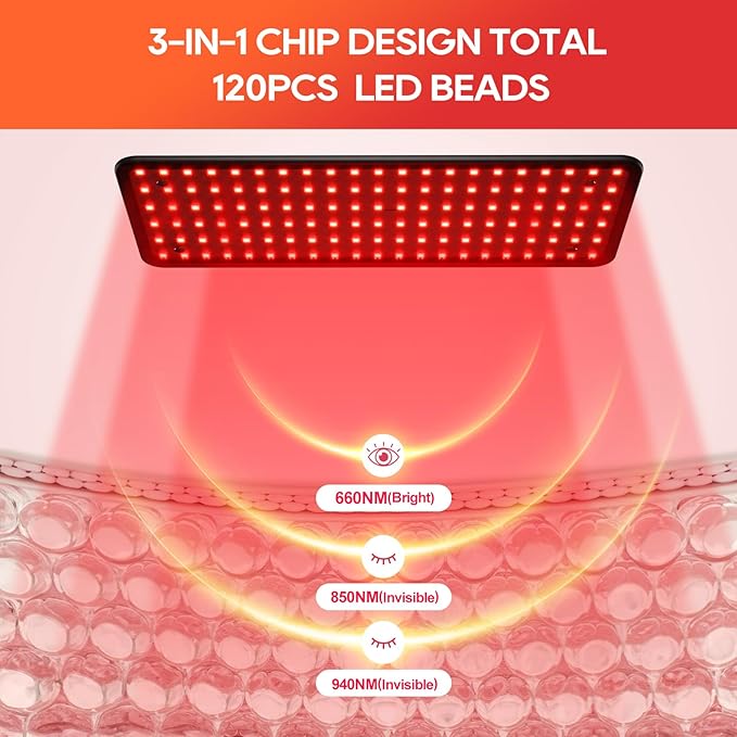 Red Light Therapy for Body and Face, 120 LED 660nm 850nm 940nm Infrared Redlight-Therapy Lamp Device with Glasses，Large Panel and Stable Stand at Home, Idea Gift for Women Mom BEICHEN