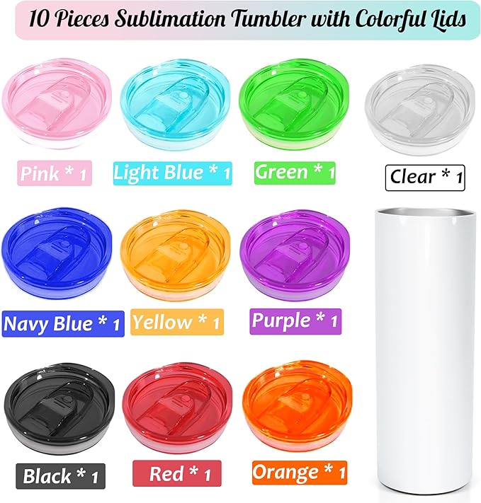 AGH 10 Pack Sublimation Tumblers Blank with Colorful Lids and Metal Straw, 20 OZ Straight Skinny Tumbler with Straw, Stainless Steel Double Wall Insulated Cups for Tumbler Press Machine - Bloomnest