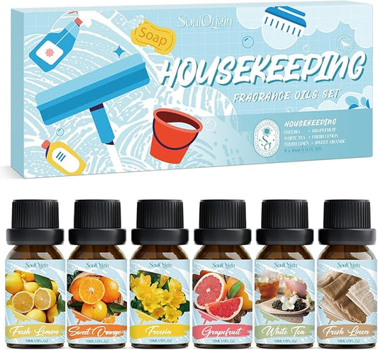 Housekeeping Fragrance Oils Set, Essential Oil Gift Set for Diffuser, Clean Scent Diffuser Oil, Use with Wool Dryer Balls - Lemon, Sweet Orange, White Tea, Fresh Linen, Freesia, Grapefruit - Bloomnest