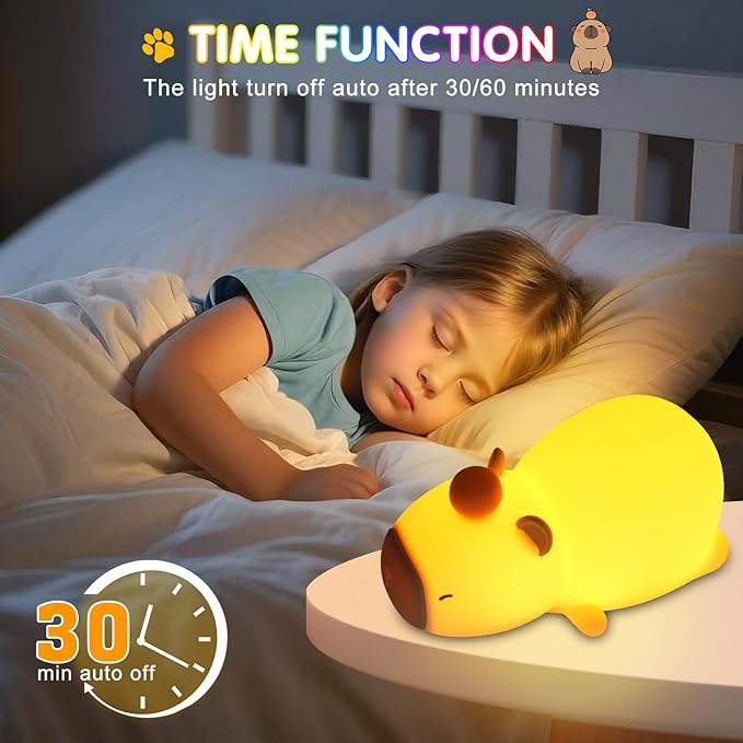 Night Light for Kids, 7 Color Changing BPA-Free Silicone Lamp with Touch Control, Eye Protection, Rechargeable Battery, Soft & Safe Nursery Lamp for Boys & Girls (Sleeping Capybara) - Bloomnest