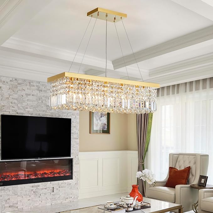 Saint Mossi 5-Lights K9 Crystal Chandelier for Dining Room, Rectangular Pendant Light Fixture for Kitchen Island, Raindrop Chandelier, H9 x W10 x L31, Chain Adjustable - Bloomnest