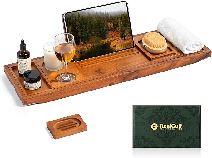 Teak Bathtub Tray, Bath Caddy with Wine Glass Holder, Phone Dock & Book Stand | Hands-Free Reading & Ultimate Spa Relaxation Experience-Natural - Bloomnest