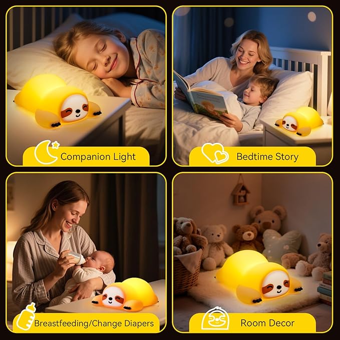 Cute Sloth Night Light for Kids, 3-Level Dimmable Nursery Nightlight, Silicone Squishy Light Up Sloth Gifts, Rechargeable Bedside Touch Lamp for Breastfeeding Toddler Baby Kids Decor - Bloomnest