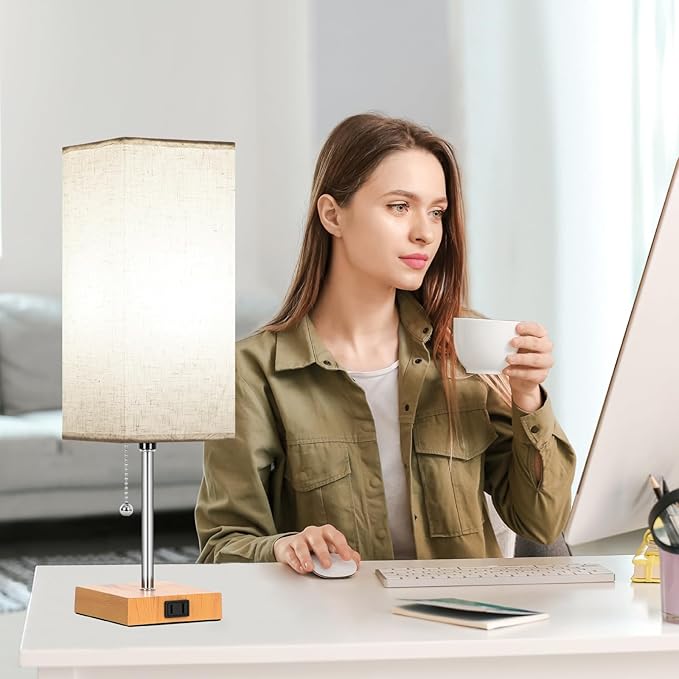 Table Lamp for Bedroom set of 2,3-Color Bedside Lamps with Pull Chain Table Lamps for Nightstand with AC Outlets,18'' Night Light Lamps with 2 Bulbs Lamps for Living Room Kids Room Office Decor（Wood） - Bloomnest