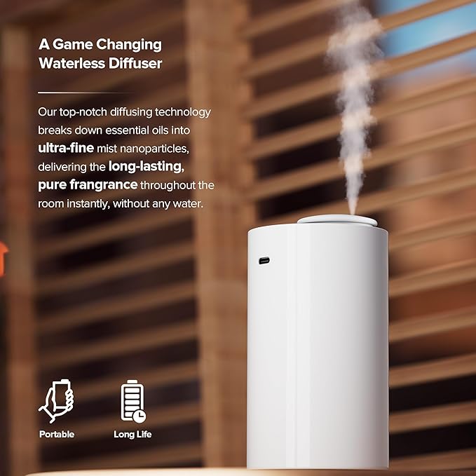 Waterless Essential Oil Diffuser for Home Aromatherapy Car Nebulizing Diffuser Battery Operated 5-20mL Mini Scent Air Machine Up to 600 Sq.Ft. 4Timer 3 Mist-Level (AN7 White) - Bloomnest