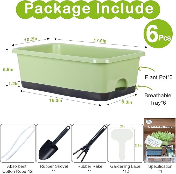 Window Box Planter 6 Pcs, 17 Inches Rectangle Flower Pots with Drainage Holes and Trays, Vegetable Planters for Windowsill Patio Garden Balcony Home Indoor Outdoor (Light Green, 18*10*6 inch) - Bloomnest
