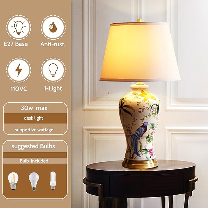 PURESILKS White Ceramics Table Lamp 25.5" Chinoiserie Lamp Flower and Bird Table Lamp American Handmade Beige Linen Drum Shade Decor for Living Room Bedroom - Bloomnest