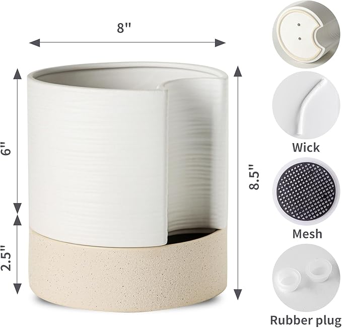 Nihow Self Watering Plant Pot: 8 Inch Ceramic Planter with Drainage Hole & Water Storage Plus for Indoor & Outdoor Plants - Cylinder Round Flower Pot for Succulent/Herbs/Violets - White & Brown - Bloomnest