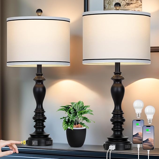 28" Set of 2 Farmhouse Table Lamps for Living room, Bedside Lamp with USB C+A Ports & AC Outlets, Black Vintage End Table Lamps for Bedrooms, Nightstand Lamps Fabric Shades Rustic 2 LED Bulbs Included - Bloomnest