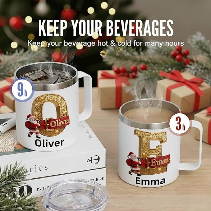 Personalized Christmas Mug | Custom Elegant Gold Initial Insulated Coffee Cup with Handle & Lid | 12oz Holiday Tumbler, Unique Santa Gift for Women & Family (B32) - Bloomnest