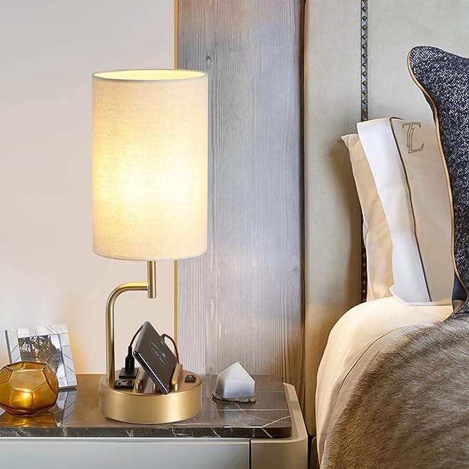 Dreamholder Table Lamp with 3 USB Charging Ports, Modern Desk Lamp with AC Outlet and Phone Stands, Perfect Bedside Lamp for Bedroom, Living Room, Office (Pack of 2), Gold - Bloomnest