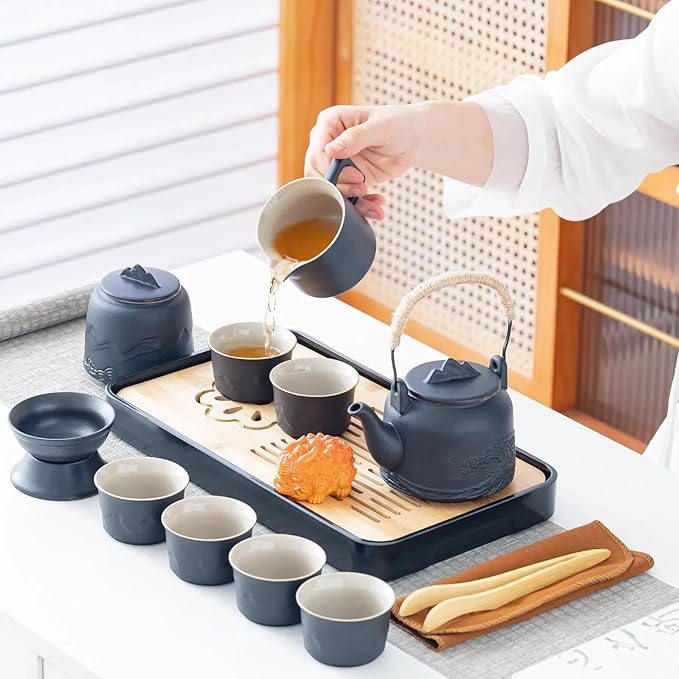 ICHAG Chinese Tea Set, Japanese Tea Sets for Adults, 15-Piece Porcelain Gongfu Tea Set with Tea Pet & Tea Tray, Japanese Teapot Set, Travel Tea Party Set, for Home/Office/Outdoor/Gifts (Black) - Bloomnest