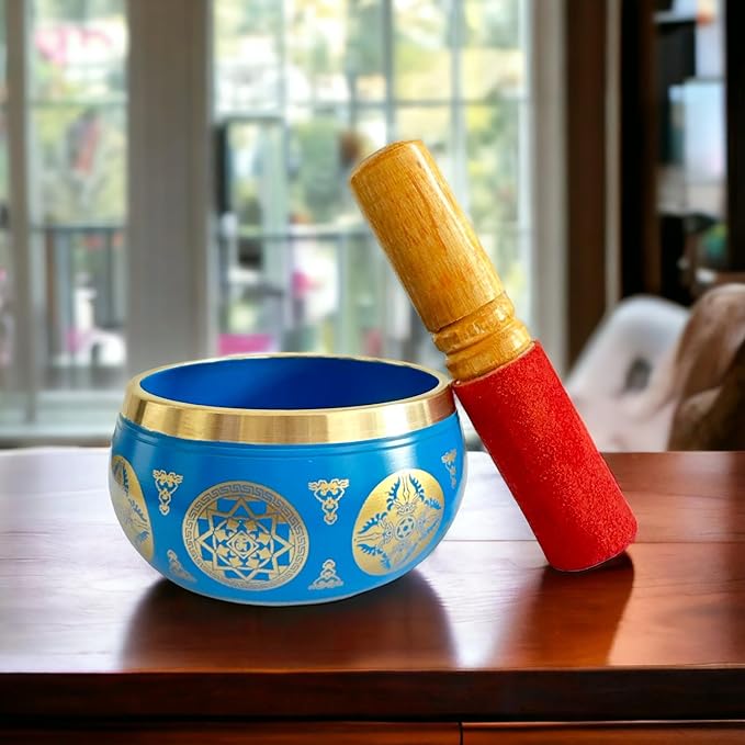 Nature's Own Tibetan Singing Bowl Set- Easy to Play- Meditation Sound Bowl Handcrafted in Nepal for Yoga, Mindfulness, Chakra Healing, Stress Relief- Spiritual Gifts for Women and Men (3.5 Inch, Blue) - Bloomnest