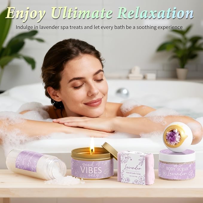 Spa Gifts for Women Bath Gift Set, Lavender Relaxing Spa Gift Baskets Home Bath Set Self Care Kit Care Package Thank You Birthday Valentines Day Gifts for Her Women Mom Friend Sister Teen Girl Wife