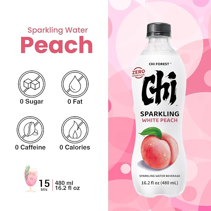 CHI FOREST Flavored Sparkling Water Beverage, White Peach, Zero Sugar, 16.2 fl oz Bottles (pack of 15) - Bloomnest