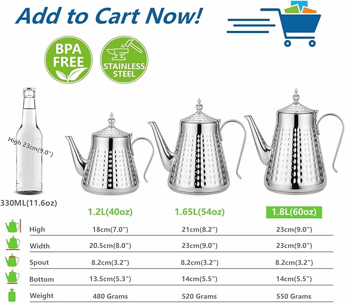 SANQIAHOME 1.8L(60oz) Stainless Steel Hammer Patterned Teapot With Removeable Infuser,Loose leaf cover,Silver - Bloomnest
