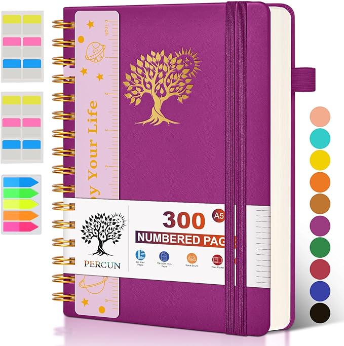 Spiral Notebook Journal for Women Men, 300 Numbered Lined Pages, College Ruled, A5 Hardcover Spiral Bound Notebook for School, Work, Note Taking Writing, Leather Spiral Journal Medium 5.9"x8.5" - Bloomnest