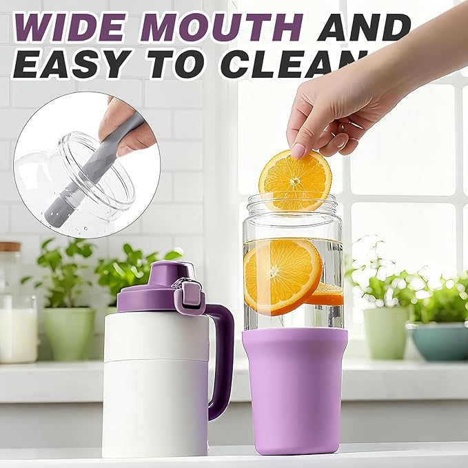 32 oz Glass Tumbler with Handle, 2-in-1 Straw and Sip Spout, Leakproof, BPA-Free Glass Water Bottle for Sports, Office, School, Lilac - Bloomnest