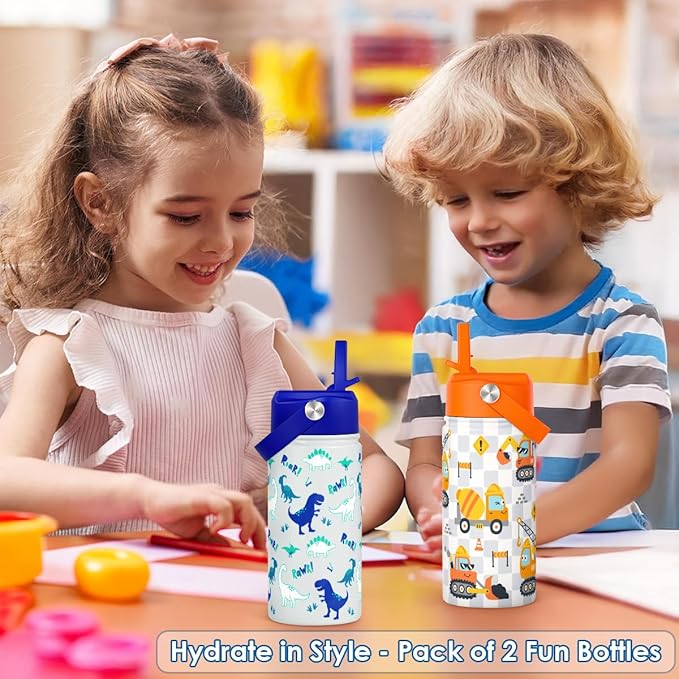 SANDJEST Kid Water Bottle 12oz with Straw Lid - 2-Pack Insulated Stainless Steel Water Bottles for Kids Girls - Travel Cup for School Sports, Construction & Dinosaur - Bloomnest