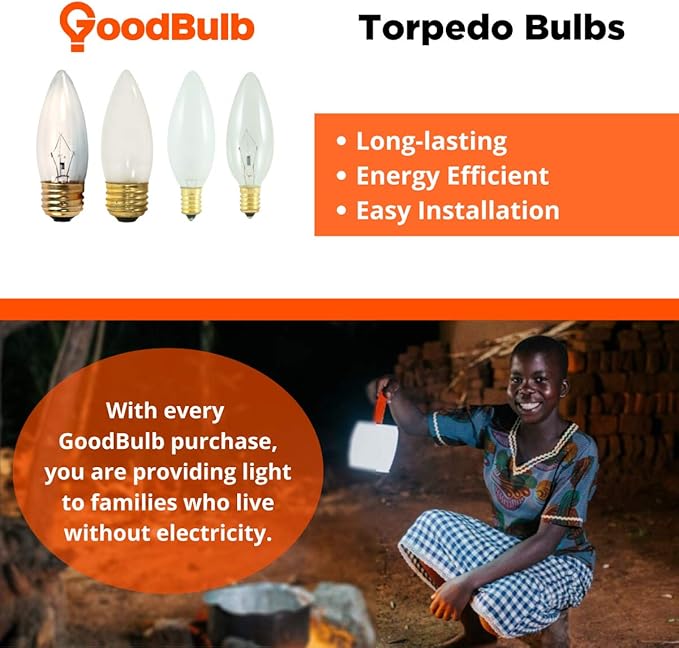 GoodBulb 25-Watt Incandescent Torpedo Light Bulbs B10 Shape Clear Finish Medium E26 Base 2700K Warm White Light Color Dimmable 175 Lumens Decorative Chandelier Lamps Pack of 12 - Bloomnest