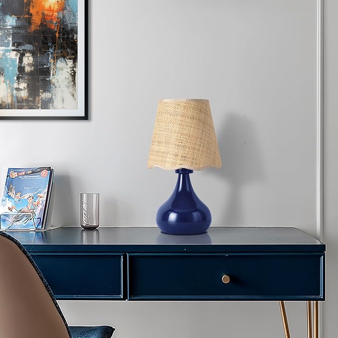 Navy Blue Small Table Lamp, Mini Bedroom Lamps for Bedside Nightstand, Rattan Shade Small Table Lamps for Small Spaces for Kitchen Counter, Bookshelf, Home Office, Living Room, Dorm - Bloomnest