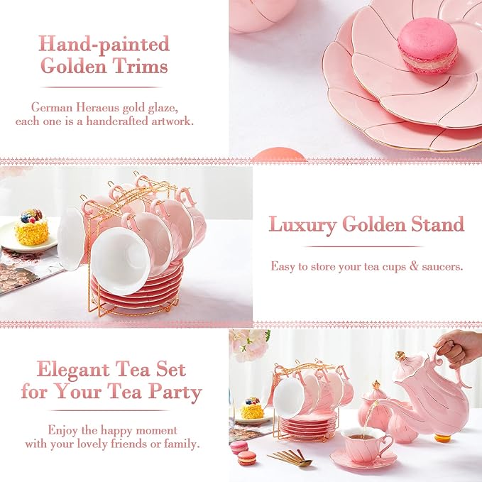 DUJUST 22 pcs Porcelain Tea Set for 6, Luxury British Style Tea/Coffee Cup Set with Golden Trim, Beautiful Tea Set for Women, Tea Party Set, Gift Package (With a Stand) - Pink - Bloomnest