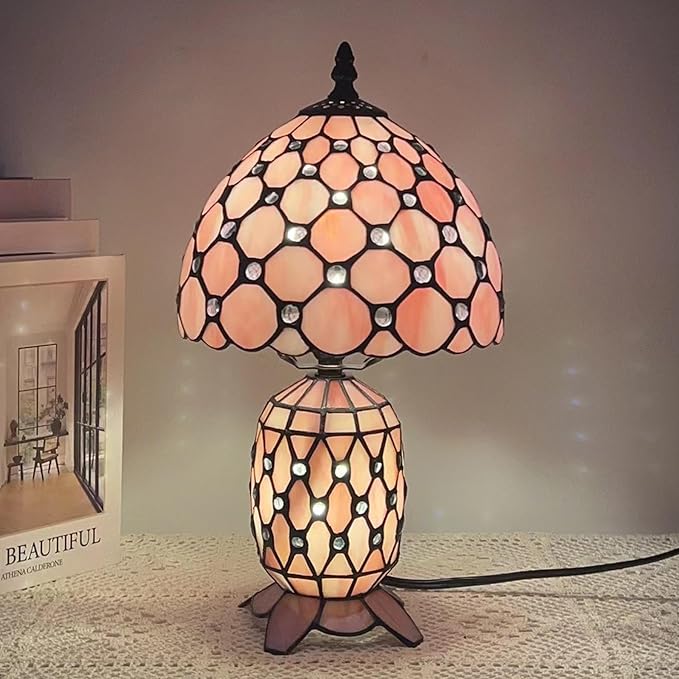 Small Tiffany Lamp Stained Glass Table Lamp Mini Mother Daughter Vase Desk Accent Night Light for Bedroom Bedside Reading Home Antique Style 8X14 Inches (Pink) - Bloomnest