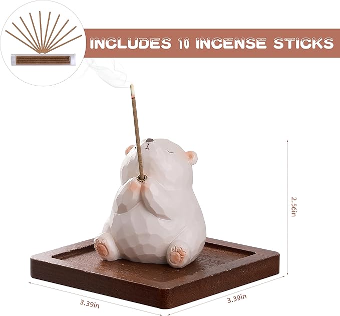 Lionpower Incense Holder for Sticks with Burner & Ash Catcher - Resin Bear, Wooden Tray, 10 Incense Sticks for Meditation Yoga Spa, Cute Home Decor Room Accessories (Bear)