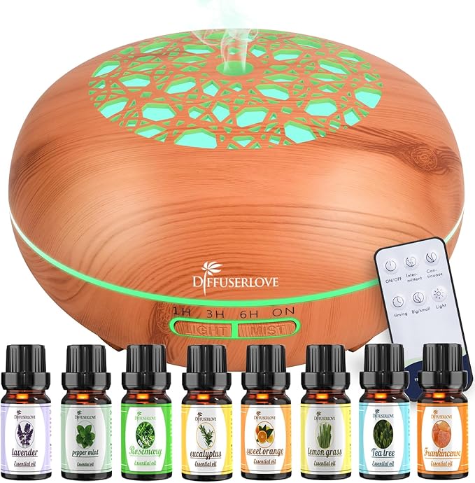 Diffuserlove Essential Oil Diffuser 550ML Diffuser Remote Control Wood Grain Aroma Diffuser Cool Mist Humidifier with 4 Timer, 7 Color LED Lights, Auto Shut-Off for Home Bedroom Office - Bloomnest