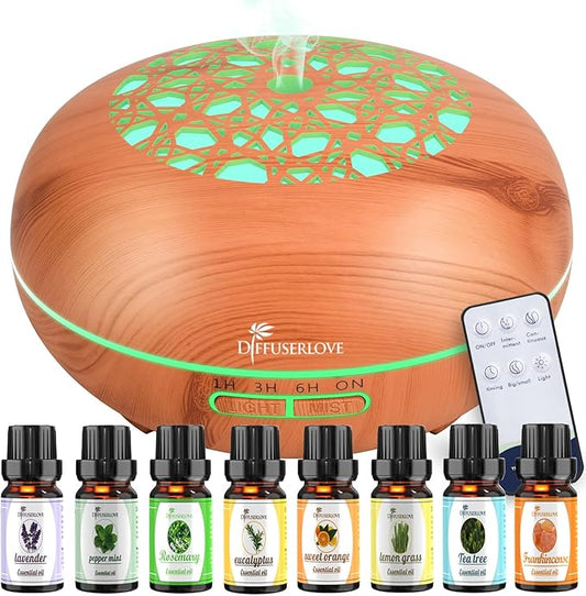 Diffuserlove Essential Oil Diffuser 550ML Diffuser Remote Control Wood Grain Aroma Diffuser Cool Mist Humidifier with 4 Timer, 7 Color LED Lights, Auto Shut-Off for Home Bedroom Office - Bloomnest