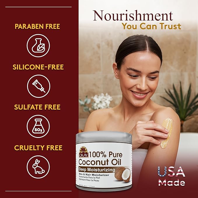 Okay 100% Pure Coconut Oil for Hair & Skin - Coconut Oil for Women & Men, Perfect for Hair & body, Natural Massage Oil & Moisturizer - 6 fl oz Jar (Pack of 1) - Bloomnest