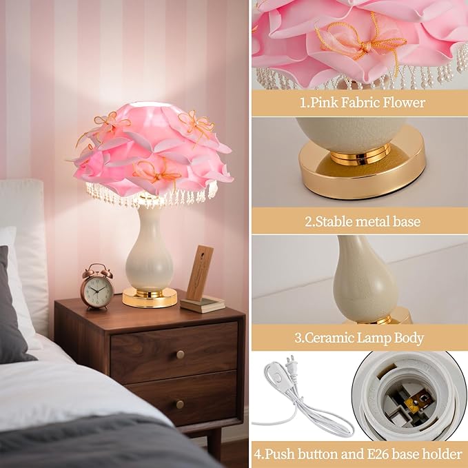 Pink Rose Flower Lamp Nordic Flower Table Lamp Romantic Ceramic Nightstand Light Modern Princess Bedside Lamp for Girl Valentines Mother's Day Wedding Decor Bedroom Living Room Entry - Bloomnest