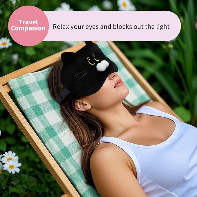Cute Sleep Eye Masks for Kids, Kawaii Cartoon Kids Sleeping Mask for Women Boys Girls Teens, Soft Plush Adjustable Eyeshade Silk Travel Nap Eye Cover, Black Cat - Bloomnest