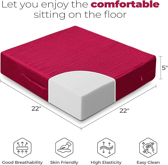 Large Floor Pillows for Adults, Thick Meditation Floor Cushions for Sitting Yoga, 22x22x5 Foam Seat Cushions Set of 2 for Furniture, Floor Pillow with Pleated Velvet Removable Cover, Burgundy