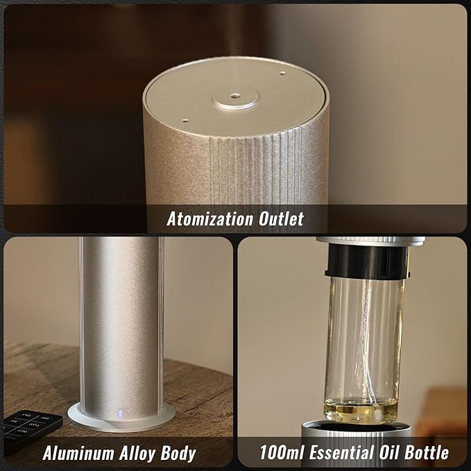 Waterless Essential Oil Diffuser for Home and Commercial Use up to 2000 sq ft, Scent Diffuser for Large Room, Bluetooth Hotel Collection Diffuser with App and Remote Control, 100ml, Silver and Gold