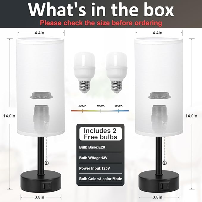 Fenmzee USB Bedside Table Lamps Set of 2-3 Color Temperatures Pull Chain Lamp with USB C and A Charging Ports, Round Night Stand Lamps for Bedroom - Bloomnest