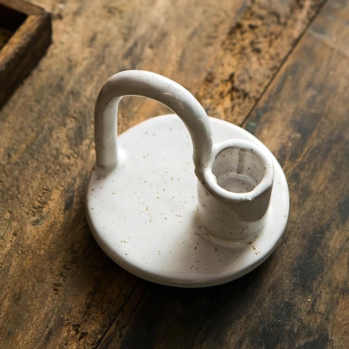 Candle Holder, Ceramic Candle Holder, Christamas Candlestick Holder, for Taper Candles, Vintage Home Decor - White Taper Holder with Handle and Spots - Rustic Style - Bloomnest