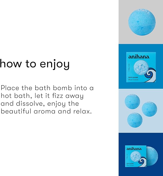 ANIHANA Bath Bombs with Coconut Oil, Paraben Free, Hand-Crafted Luxury Fizzers, Refreshing Blue Ocean Scent, 6.3 oz Each, 3 Pack - Bloomnest