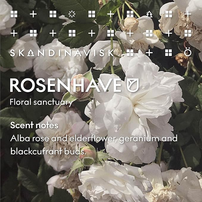Skandinavisk ROSENHAVE 'Rose Garden' Mini Scented Candle. Fragrance Notes: Alba Rose and Elderflower, Geranium and Blackcurrant Buds. 2.3 oz. - Bloomnest