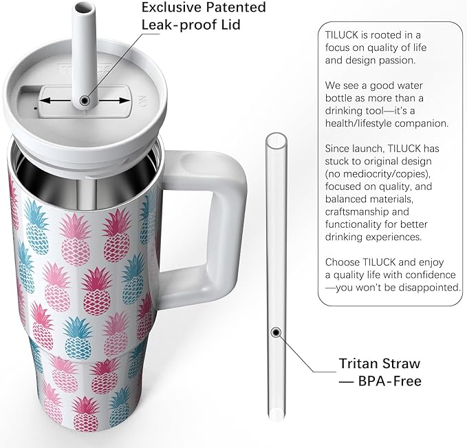TILUCK 30 oz Tumbler with Handle, Vacuum Insulated Stainless Steel Travel Mug with 100% Leak-Proof Silicone Straw Lid, Cupholder Friendly Water Bottle(Pineapple, 30oz) - Bloomnest